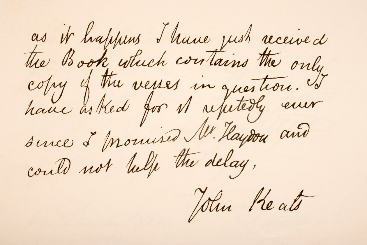 Handstil och signatur av John Keats av English School