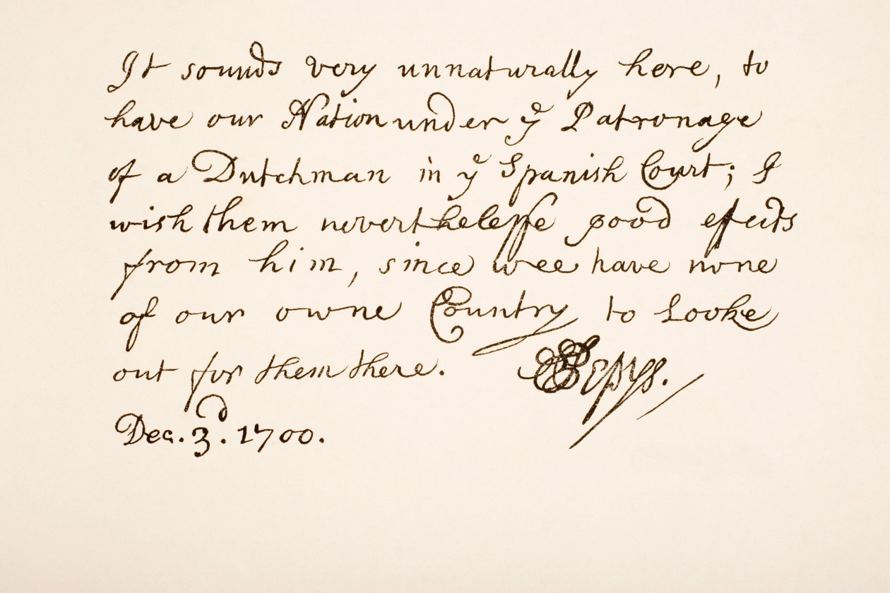 Handstil och signatur av Samuel Pepys, 1700 av English School