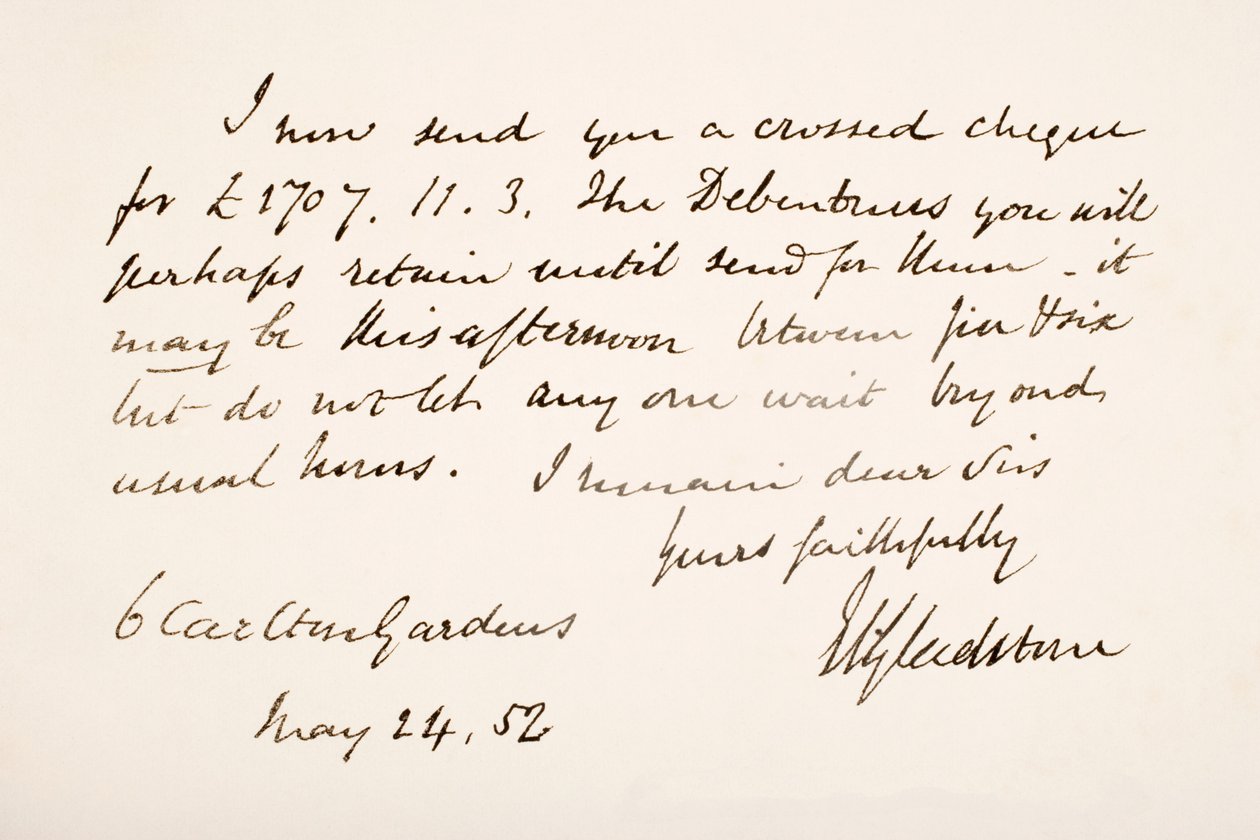 Handskrift och signatur av William Eward Gladstone, 1852 av English School