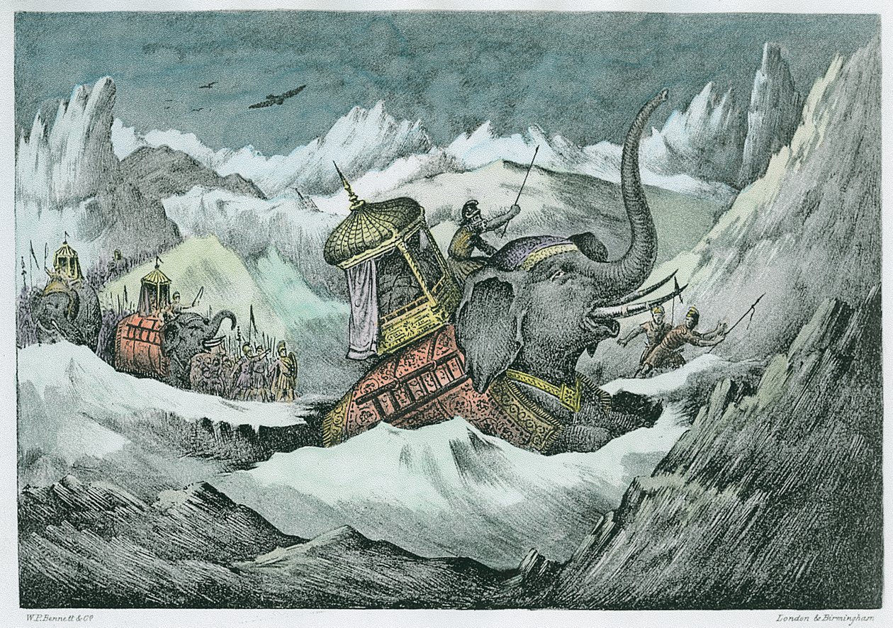 Hannibal (247-c.183 f.Kr.) och hans krigselefanter korsar Alperna (senare färgning) av English School