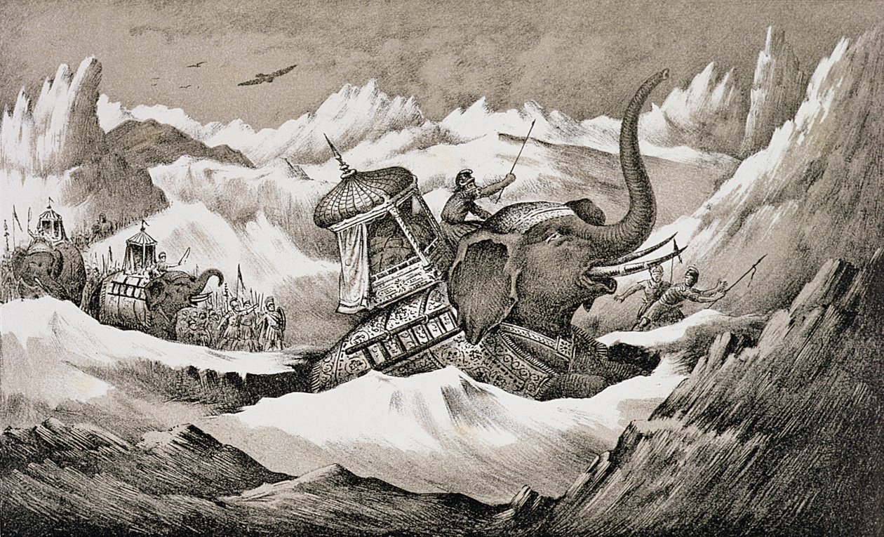 Hannibal (247-c.183 f.Kr.) och hans krigselefanter korsar Alperna av English School