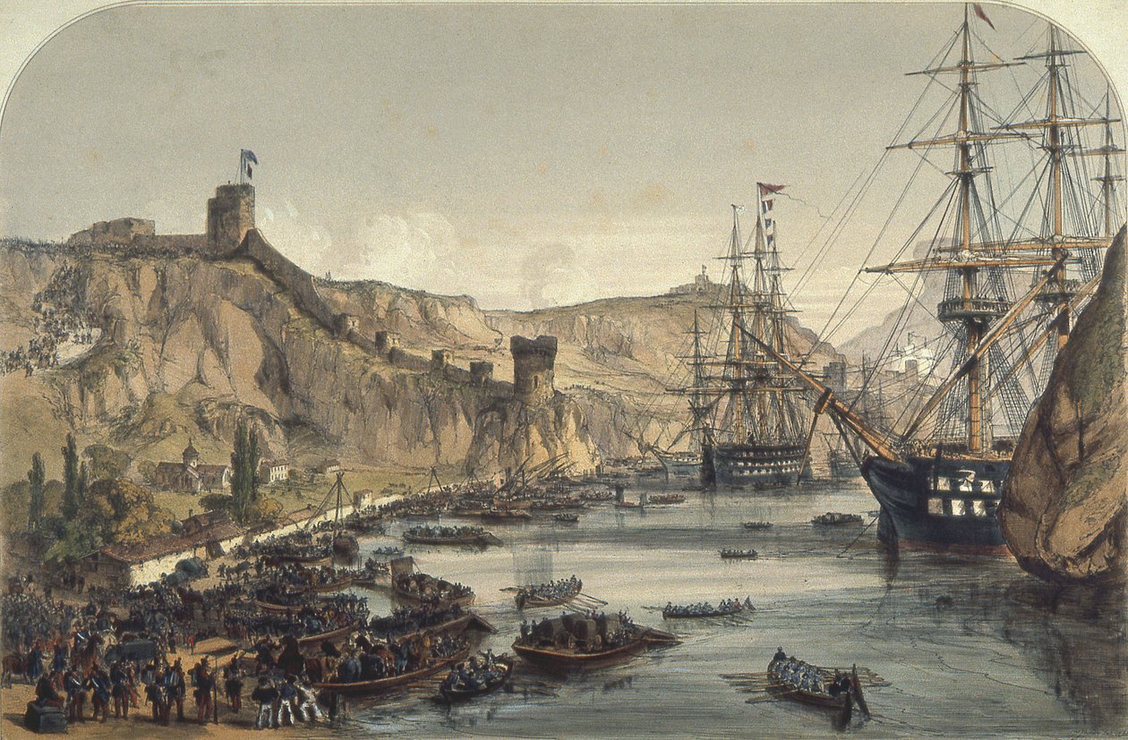 Balaklavas hamn i riktning mot Svarta havet, 1859 av English School