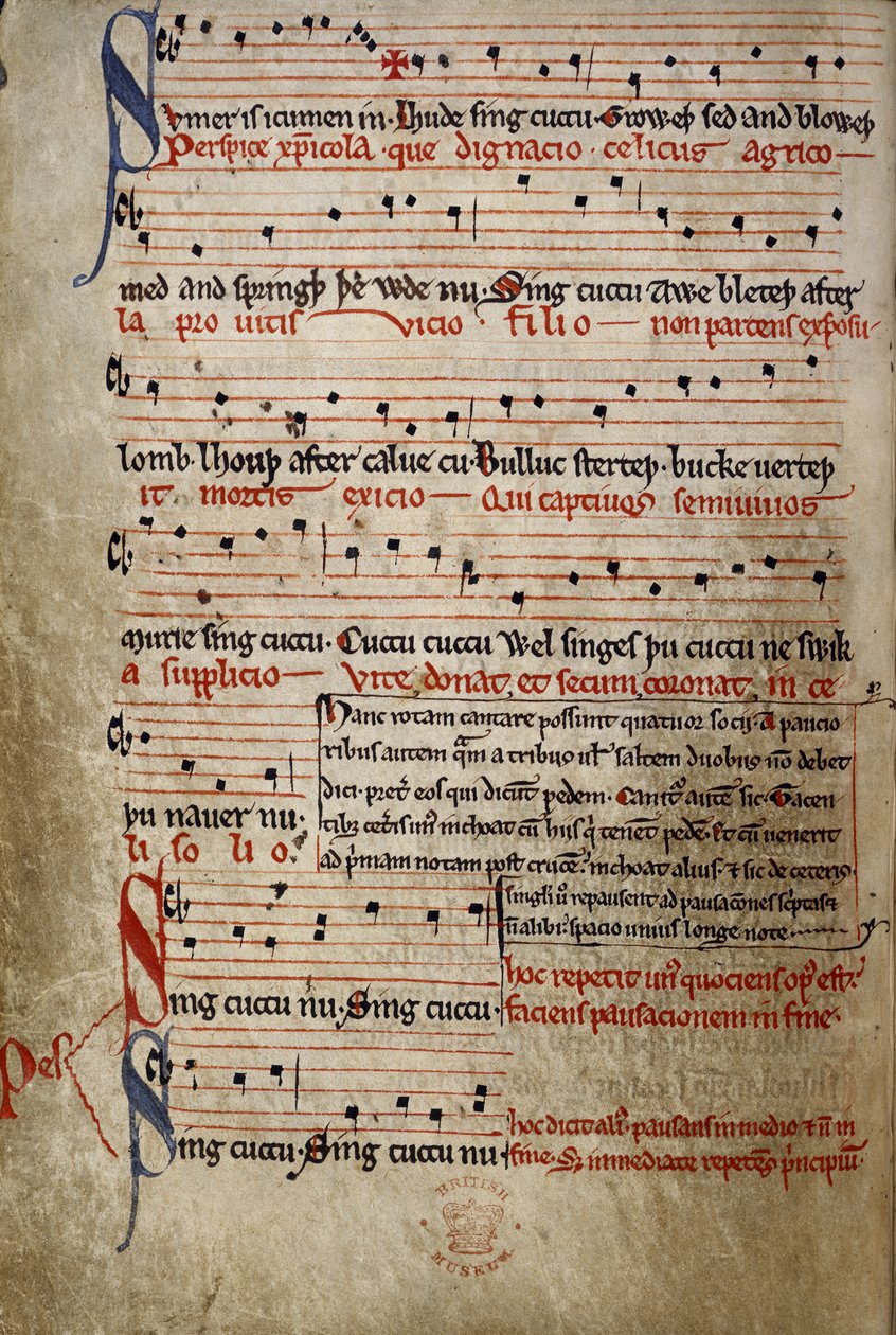 Harl 978 fol.11v Sumer är icumen in, från sommarkanonen (Reading Rota) (vellum) av English School