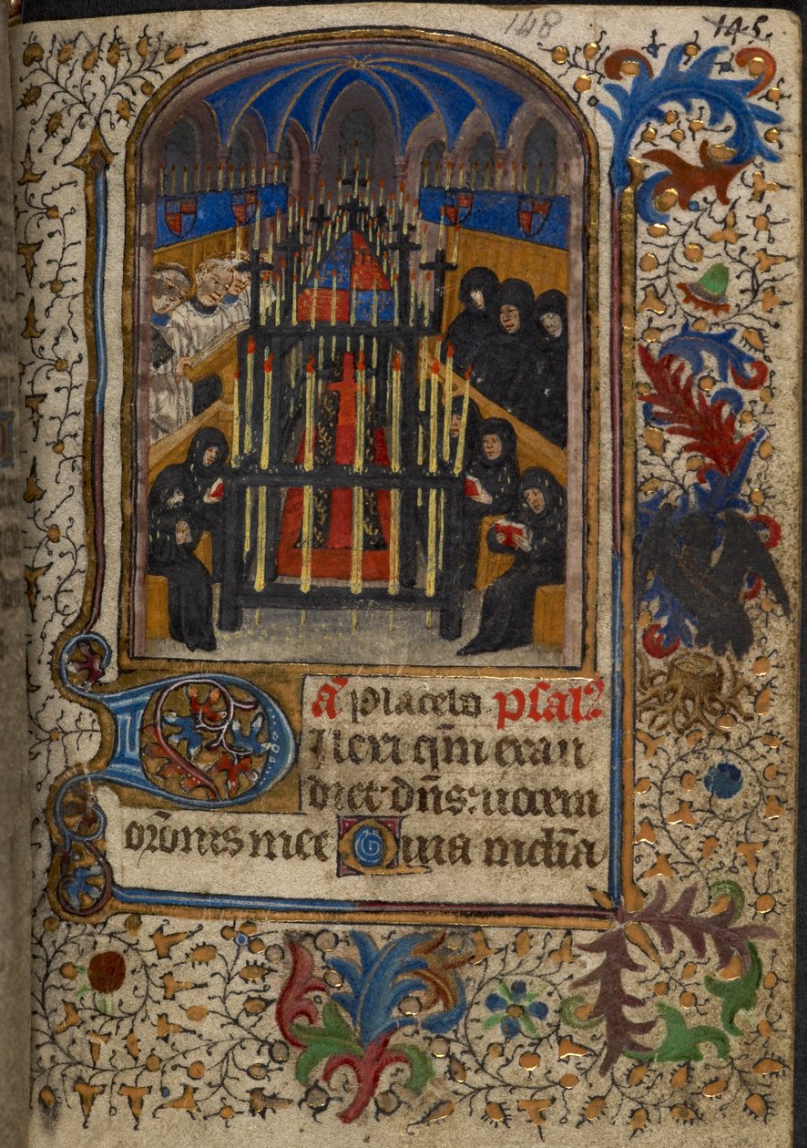 Harley 1251, fol.148 En begravningsgudstjänst med kistan täckt av John, hertigen av Bedfords armar, från 
