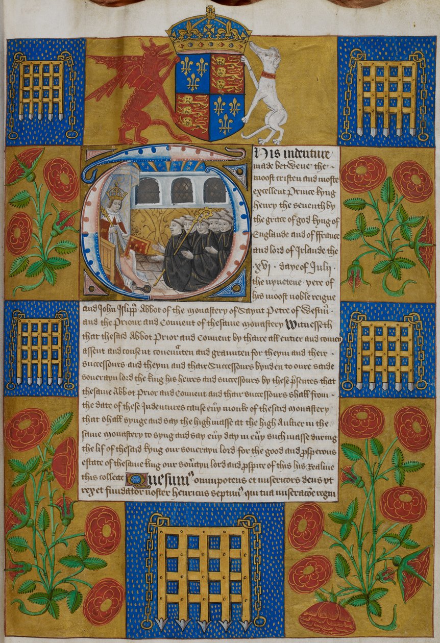 Harley 1498, f.1 Henry VII presenterar kontraktet för John Islip, abbot av Westminster Abbey, Indentures of Westminster Abbey (vellum) av English School