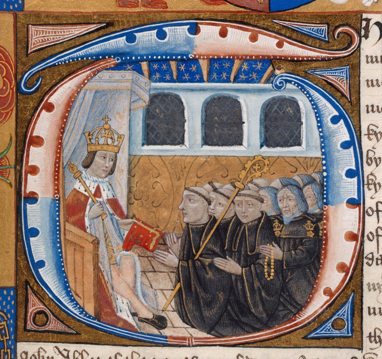 Harley 1498, f.59 Historikerad initial föreställande kung Henry VII som tar emot boken, illustration från 