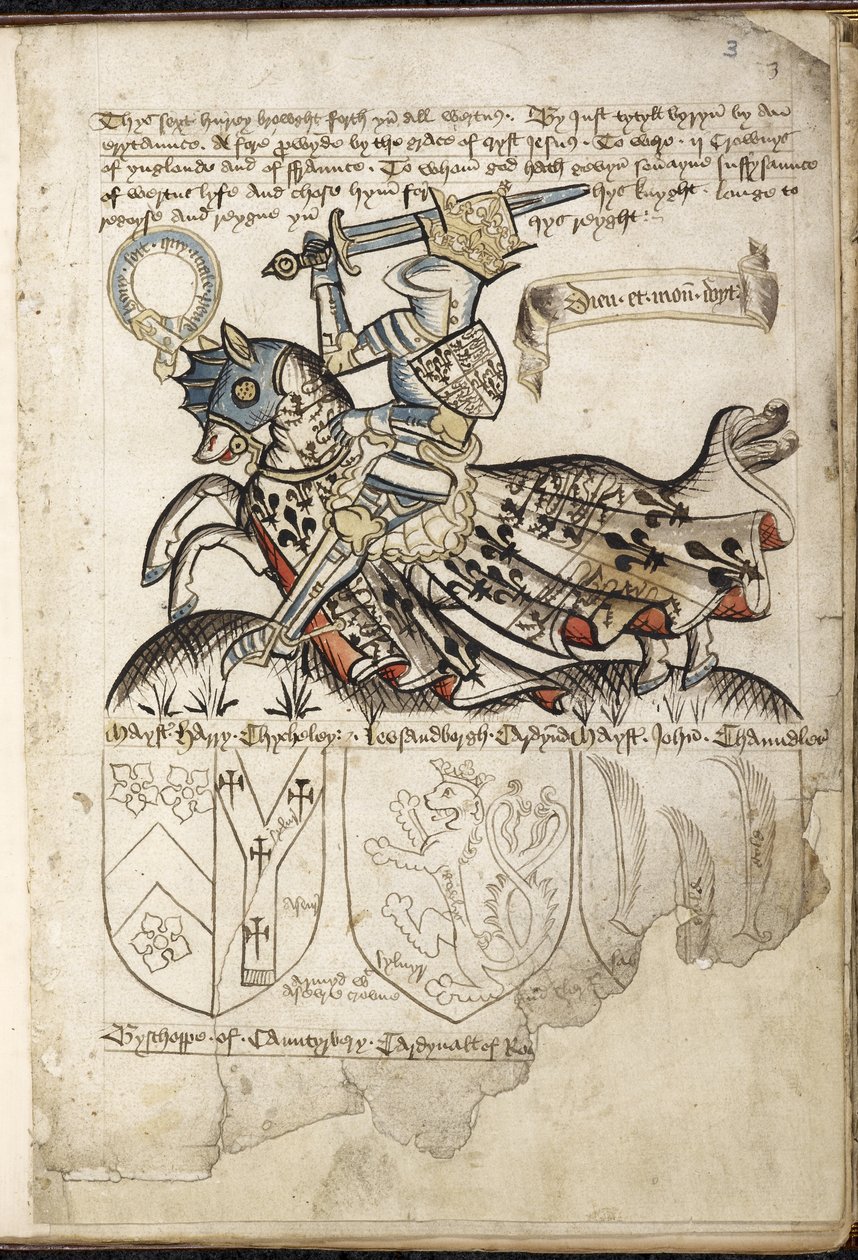 Harley 2169 f. 3 Henrik VI till häst, vapensköldar på Henrik VI:s tid (vellum) av English School