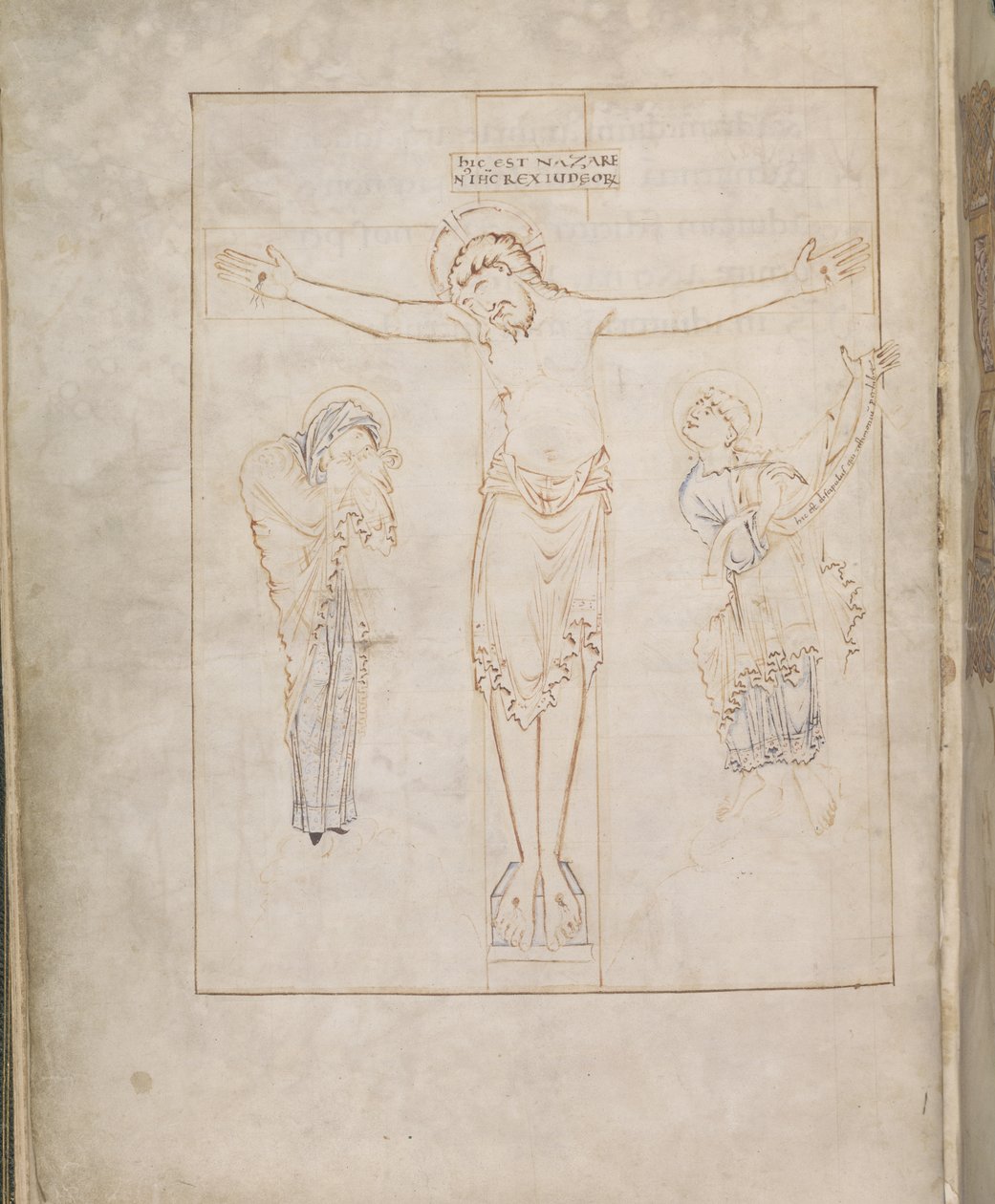 Harley 2904, f.3v, Korsfästelsen; med Jungfrun och St. John som skrev in sitt vittnesbörd på en skriftrulle, från Ramsey Psalter, c.900-1000 (vellum) av English School
