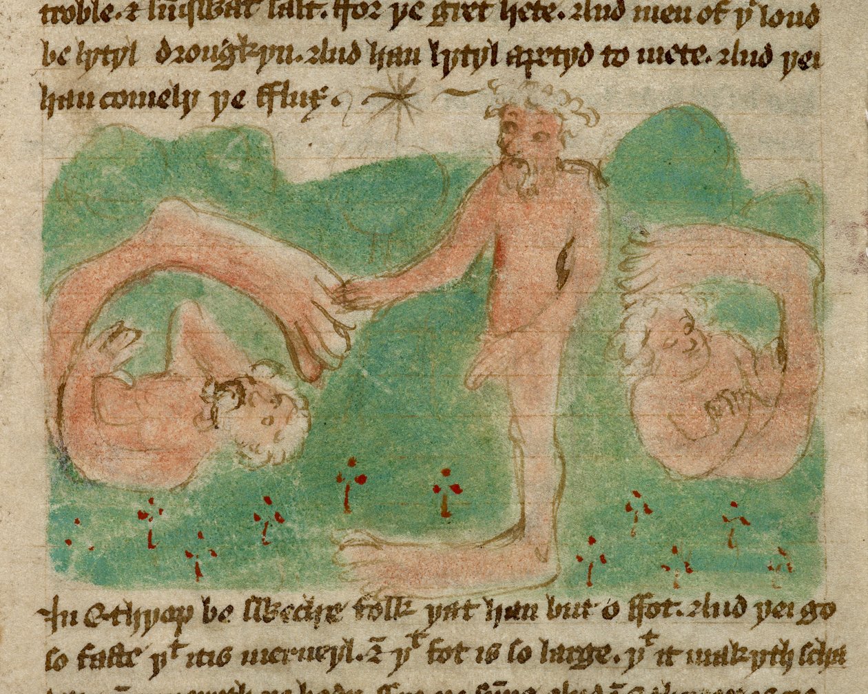 Harley 3954, f.31, En färgad teckning som föreställer mytiska människor i Etiopien födda med bara en fot (en sciopod), för att skugga dem från solen, från 