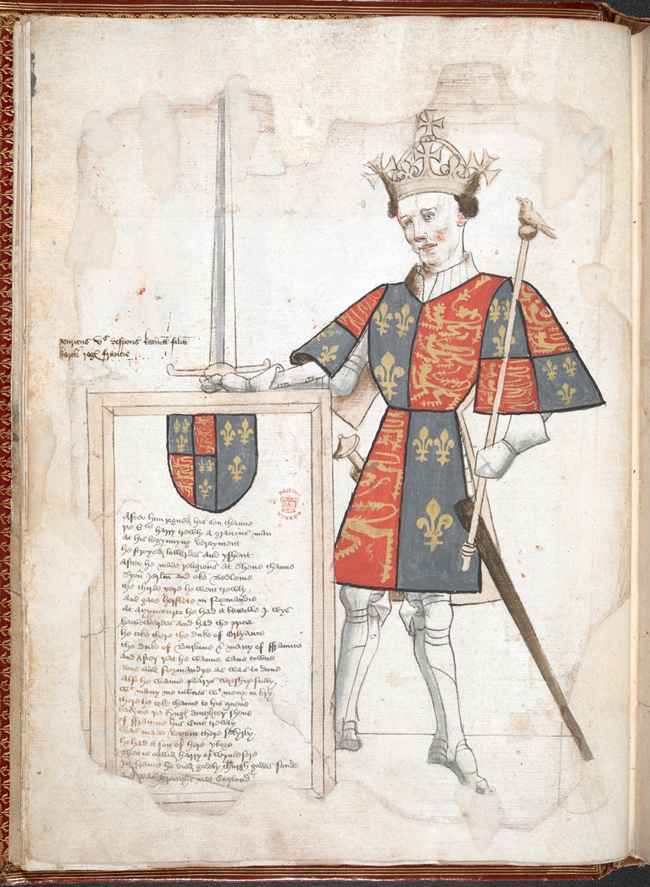 Harley 4205 f.7v En engelsk kung i rustning och tabard (Henry V) ur 