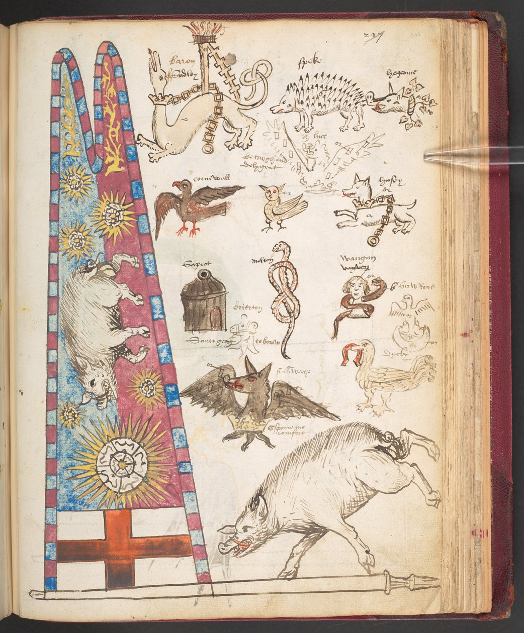 Harley 4632, f.242, Richard III:s banderoll i Bosworth, plus Yorkistisk sunburst (vellum) av English School