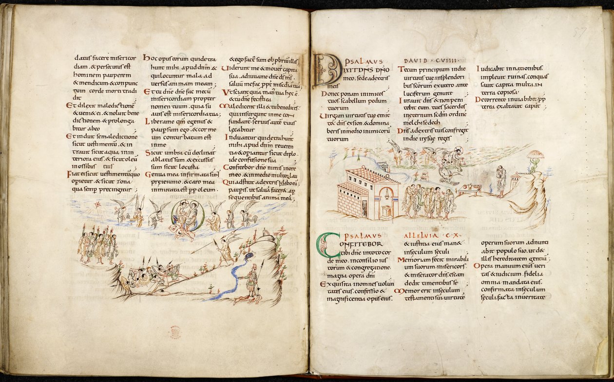 Harley 603 ff.56v-57, Dubbelsidigt uppslag från Harley Psalter med pennteckningar. av English School