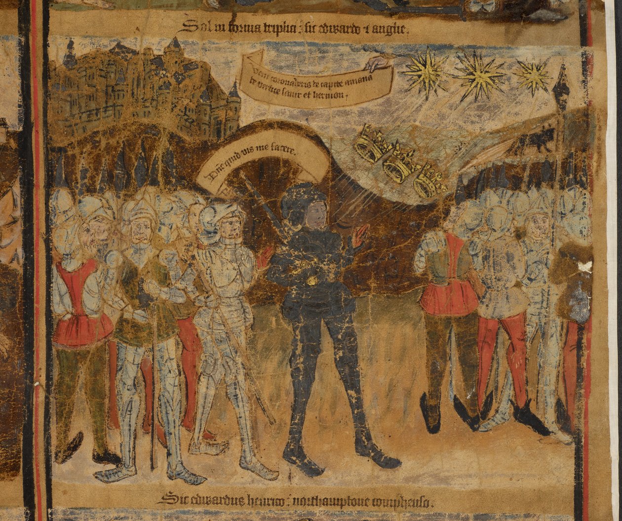 Harley 7353 Slaget vid Mortimers kors, Edward av York, uppmuntrad av en vision av tre solar som förenas för att bilda en, besegrar Lancastrians i slaget vid Mortimers kors 1461, illustration från "Life of Edward IV" av English School