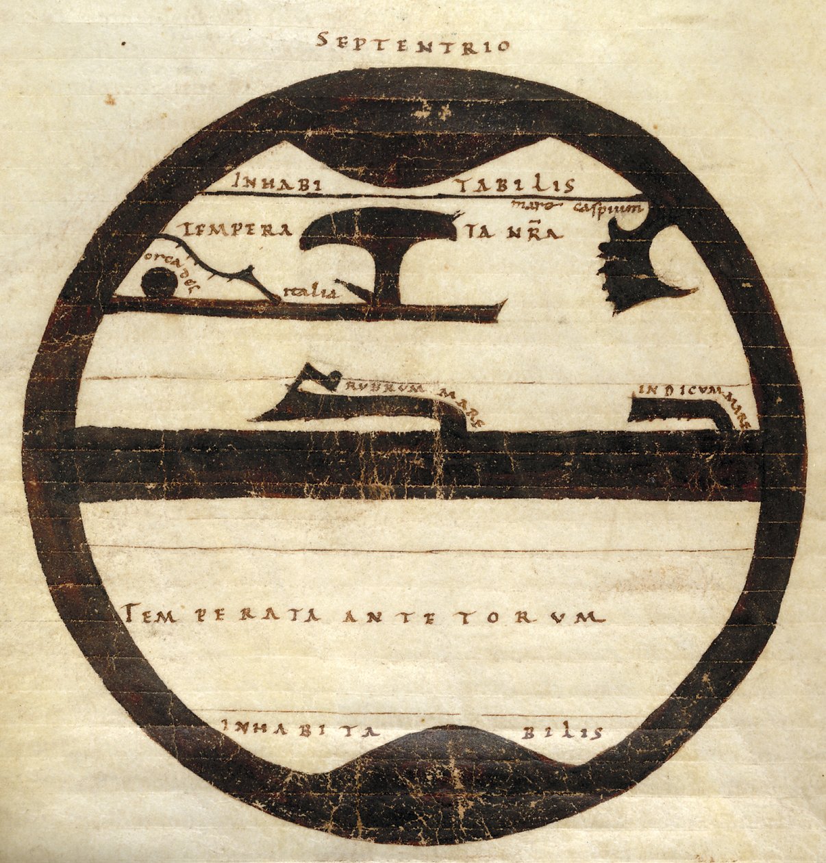 Harley MS 2772 f. 70v, Diagrammatic Zonal World Map, c.1050 (bläck & tempera på pergament) av English School