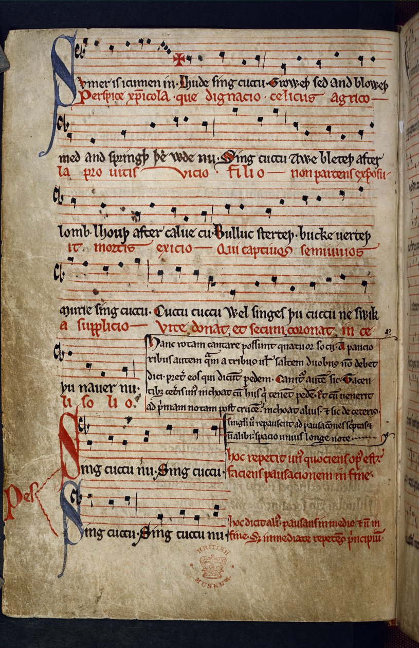 Harley MS 978 f.11v Musical Miscellany, från "Samling av dikter inklusive fabler och musikaliska, kalendariska och medicinska texter" (bläck  färg på pergament) av English School