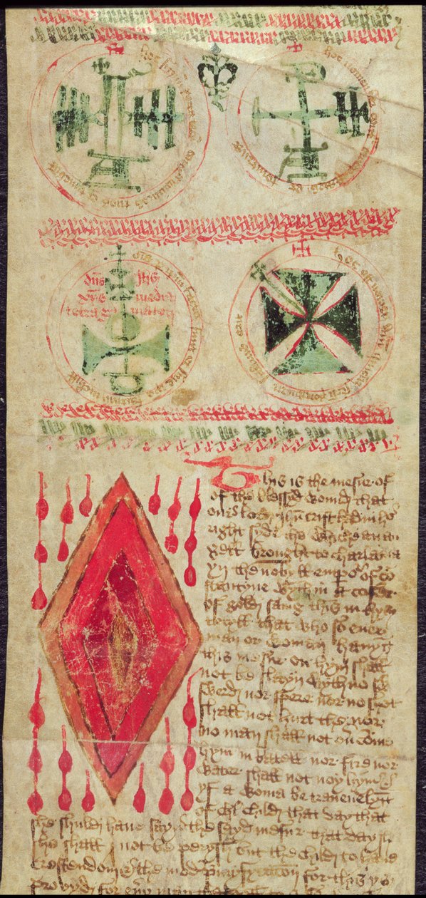 Harley Ms T.11 Magiska figurer och Kristi sår från en bönerulle (vellum) av English School