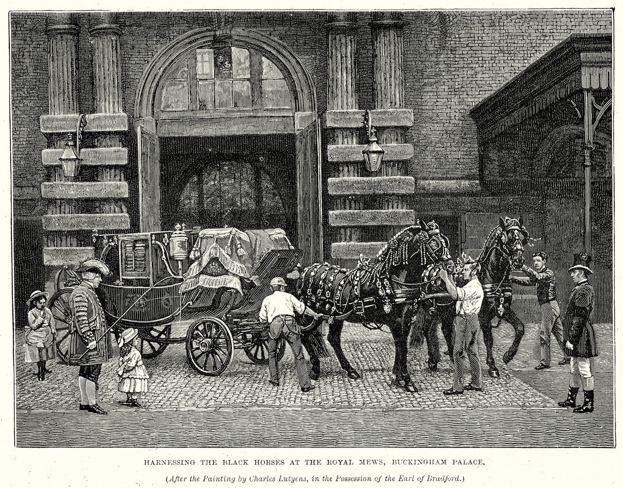Utnyttjande av de svarta hästarna vid Royal Mews, Buckingham Palace (gravyr) av English School