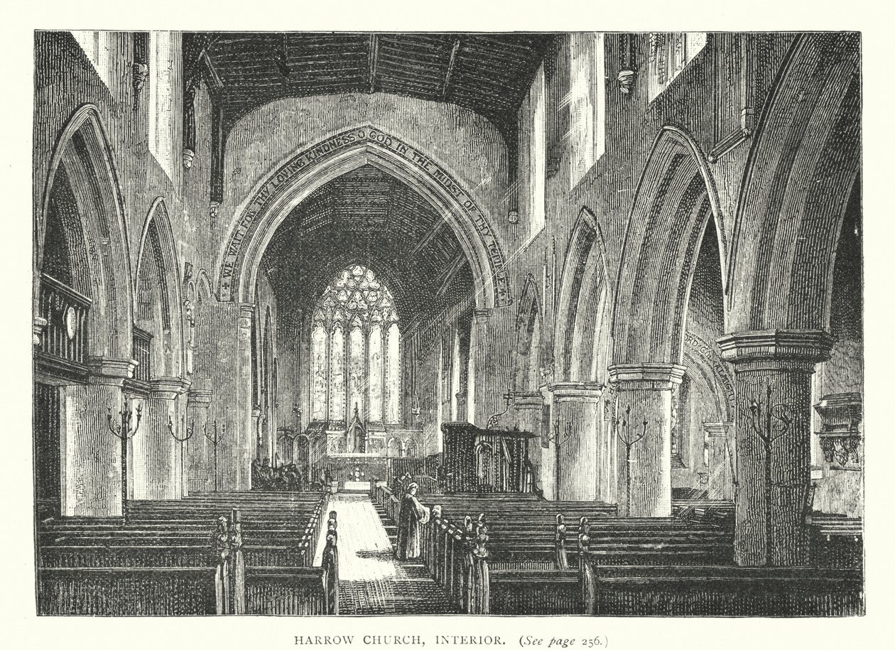Harrow Church, interiör (gravyr) av English School