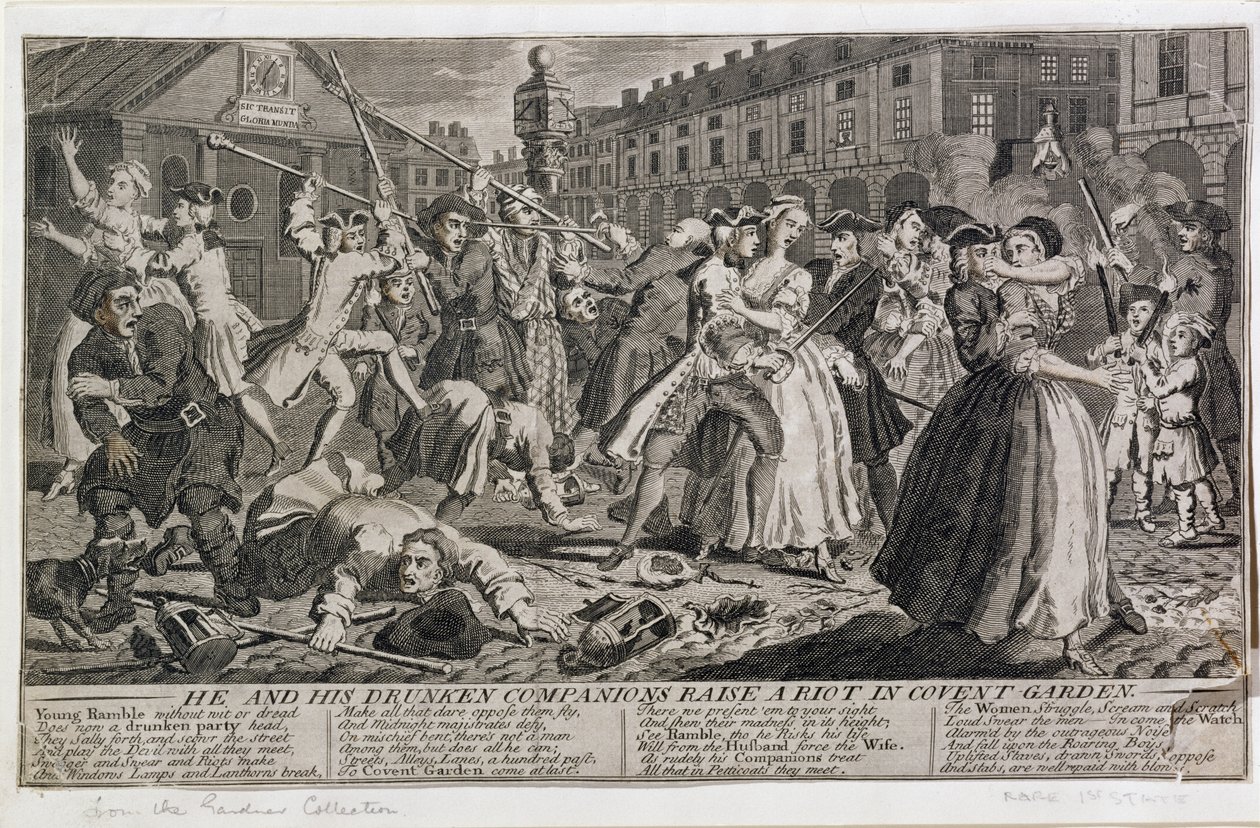 Han och hans berusade följeslagare väcker upplopp i Covent Garden, 1735 av English School