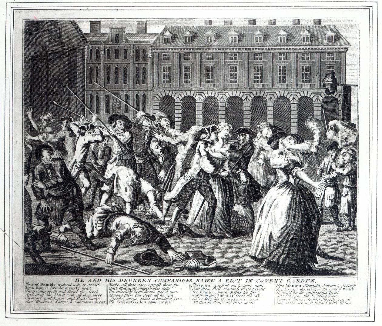 He and His Drunken Companions Raise a Riot in Covent Garden, från en piratkopierad serie baserad på Hogarths 