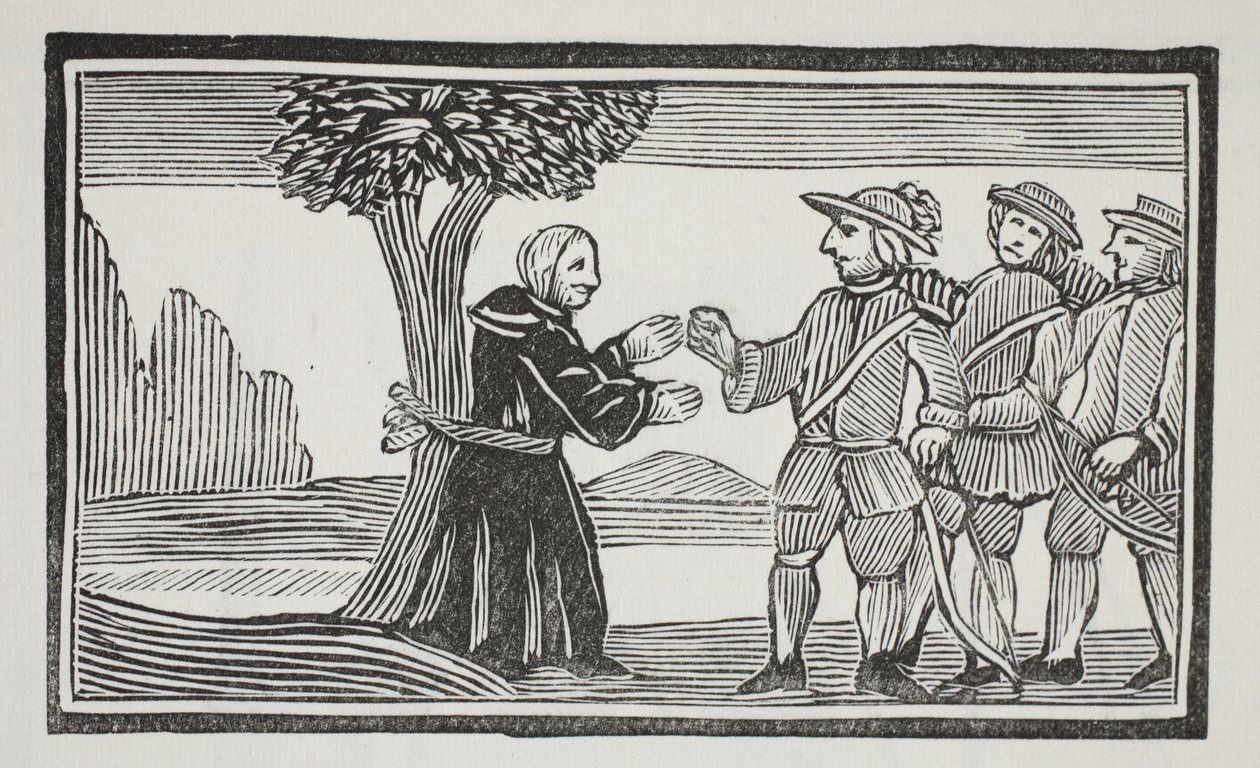 Han band abboten till ett träd, illustration från Chap-books of the Eighteenth Century av John Ashton, pub. 1882 av English School