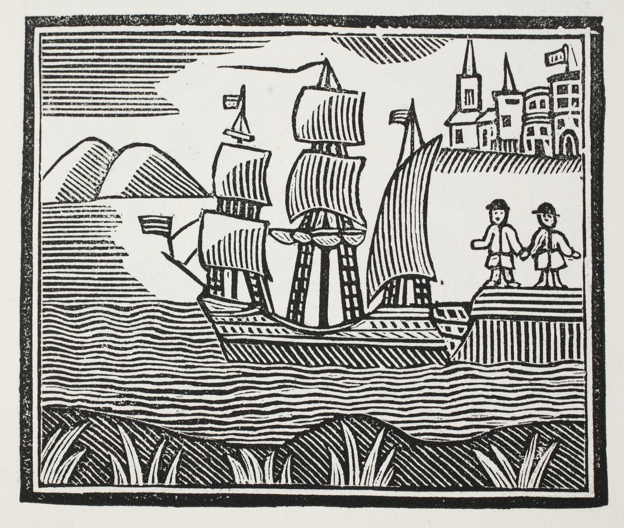 Han sätter segel på sin händelserika resa, illustration från Chap-books of the Eighteenth Century av John Ashton, pub. 1882 av English School