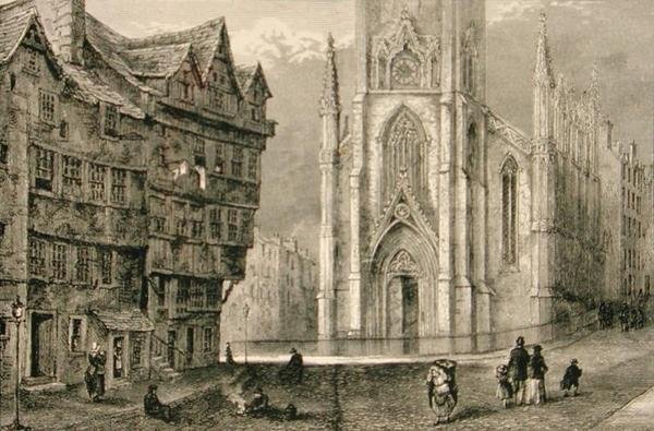 Head of West Bow, med Assembly Hall i mitten av 1800-talet, från "Scottish Pictures" publicerad av Religious Tract Society av English School