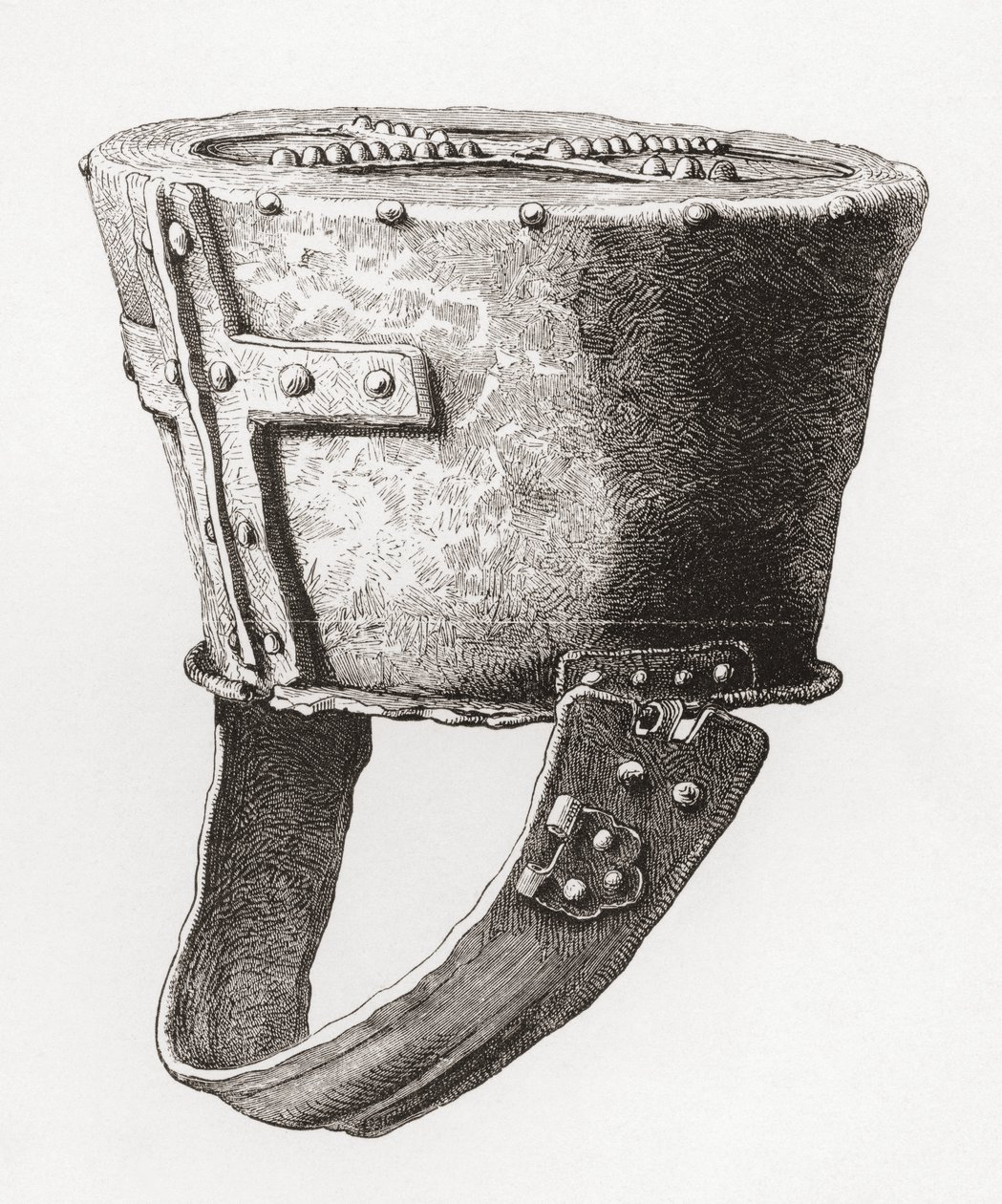 Hjälm, från Castle Pomeroy, England, från c. 1100-talet, från The British Army: Its Origins, Progress and Equipment, publicerad 1868. av English School
