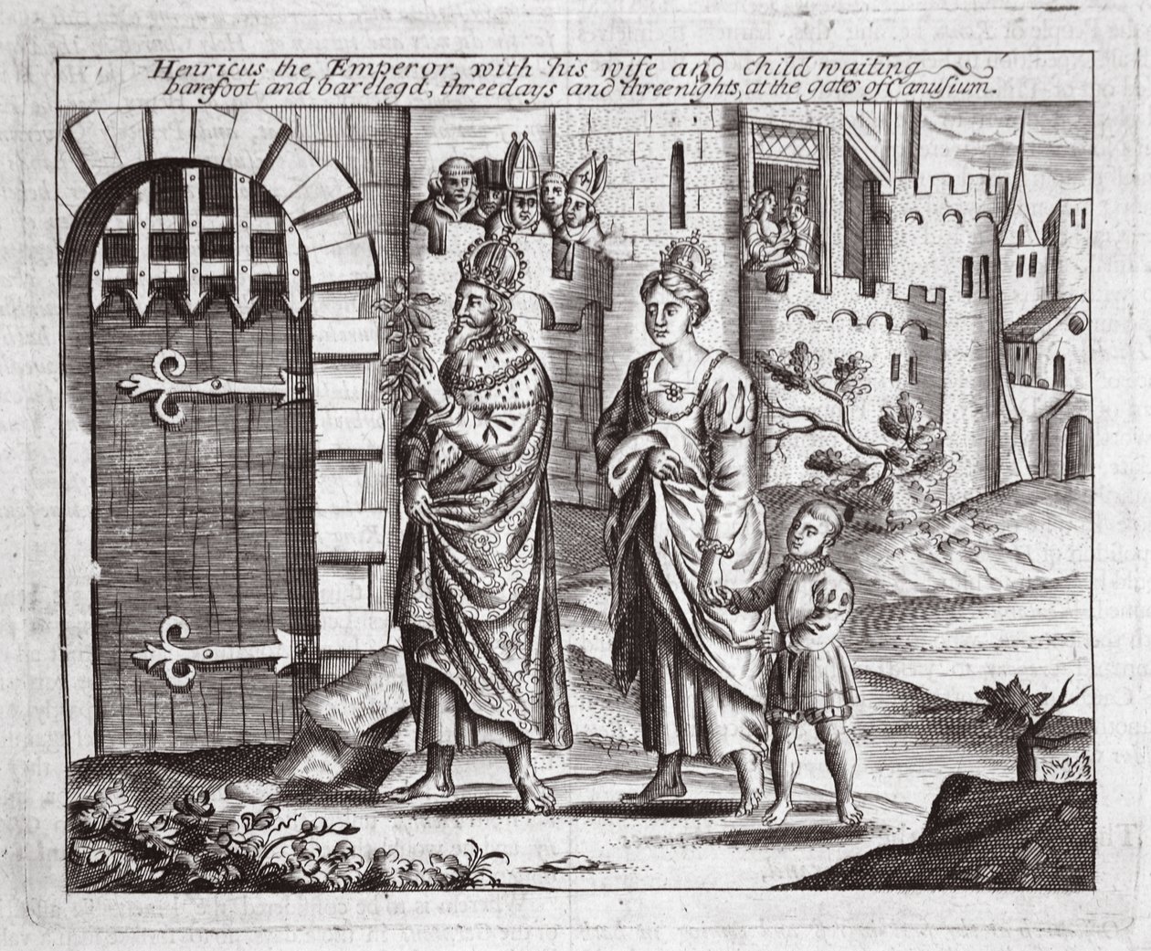 Henricus kejsaren med sin fru och sitt barn väntar, barfota och barbenta, tre dagar och tre nätter vid portarna till Canusuam, illustration från Acts and Monuments av John Foxe, nionde upplagan, av English School
