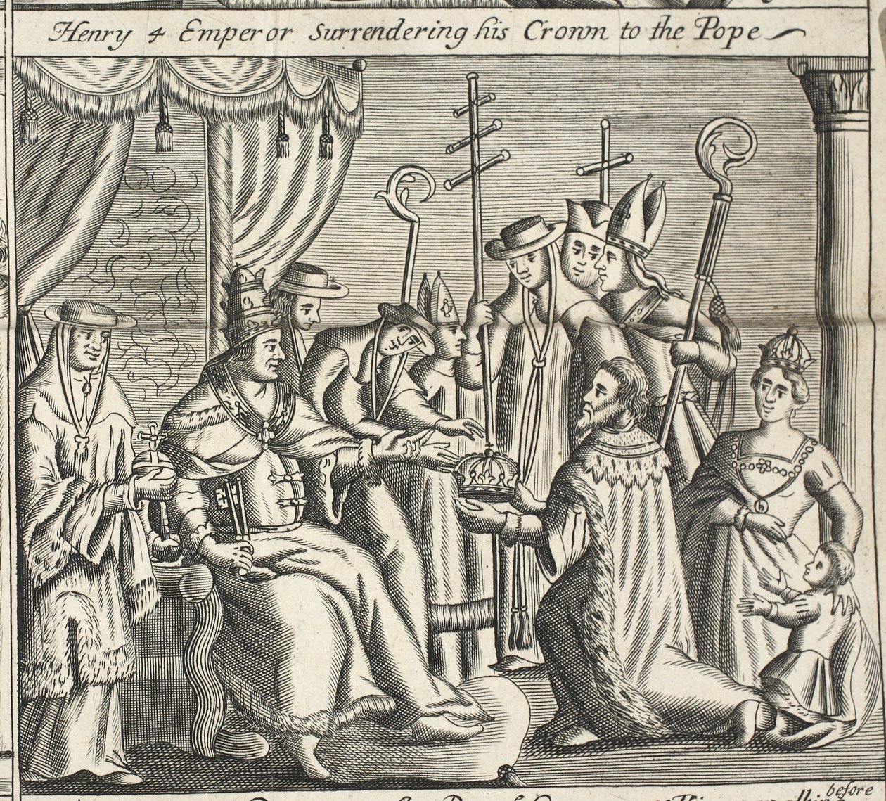 Henry 4 kejsare som överlämnar sin krona till påven, illustration från Acts and Monuments av John Foxe, nionde upplagan, pub. 1684 av English School
