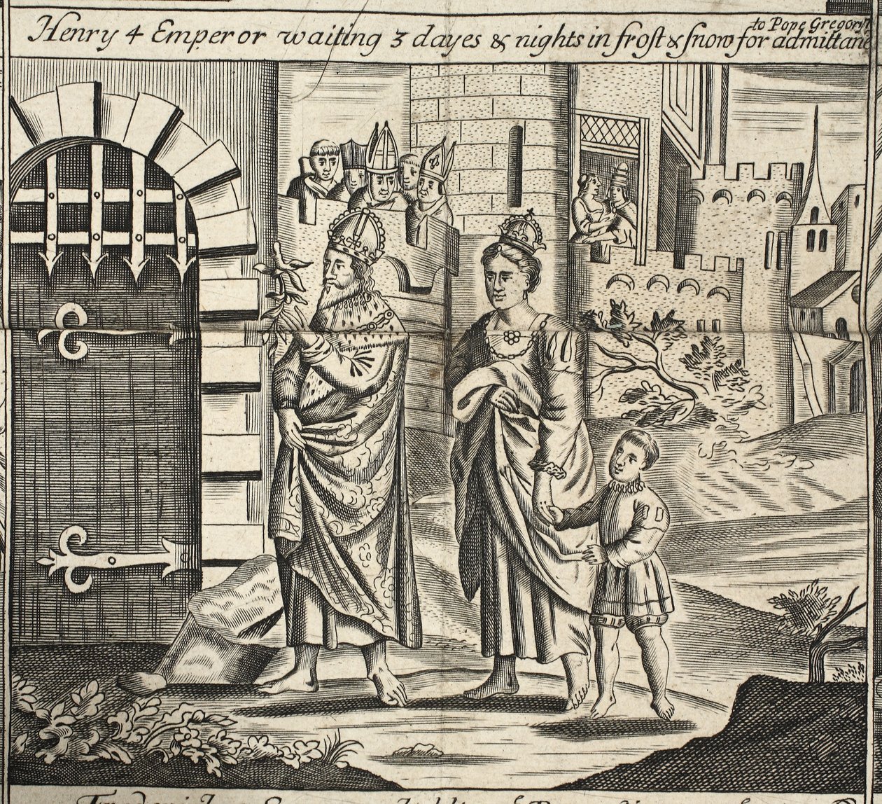 Henry 4-kejsaren väntar 3 dagar och nätter i frost och snö på tillträde till påven Gregory, illustration från Acts and Monuments av John Foxe, nionde upplagan, pub. 1684 av English School