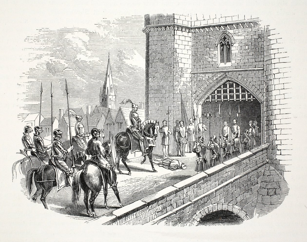 Henry Earl of Richmonds (efteråt Henry VII) ingång till Shrewsbury över Mayors kropp, pub. 1800-talet (stålgravyr) av English School