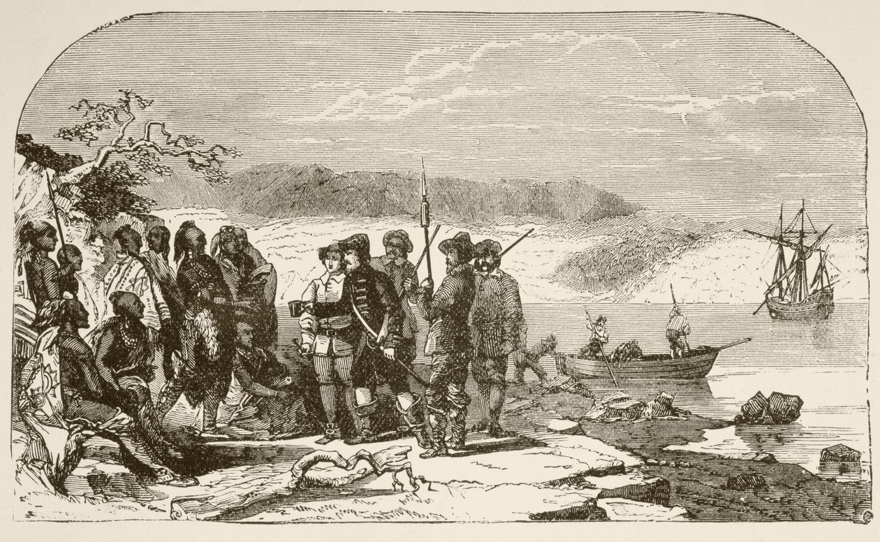 Henry Hudson erbjuder sprit till indianerna 1609 (litho) av English School