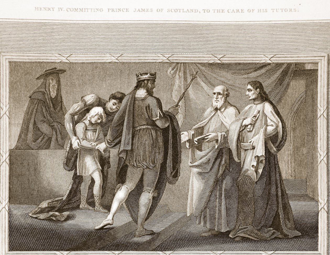 Henry IV som överlåter prins James av Skottland till sina lärares vård, illustration från David Humes The History of England, pub. av R. Bowyer, London, 1812 av English School
