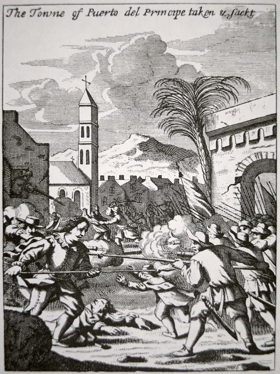 Henry Morgan erövrar och plundrar staden Puerto de Principe, Kuba, 1668, illustration från 