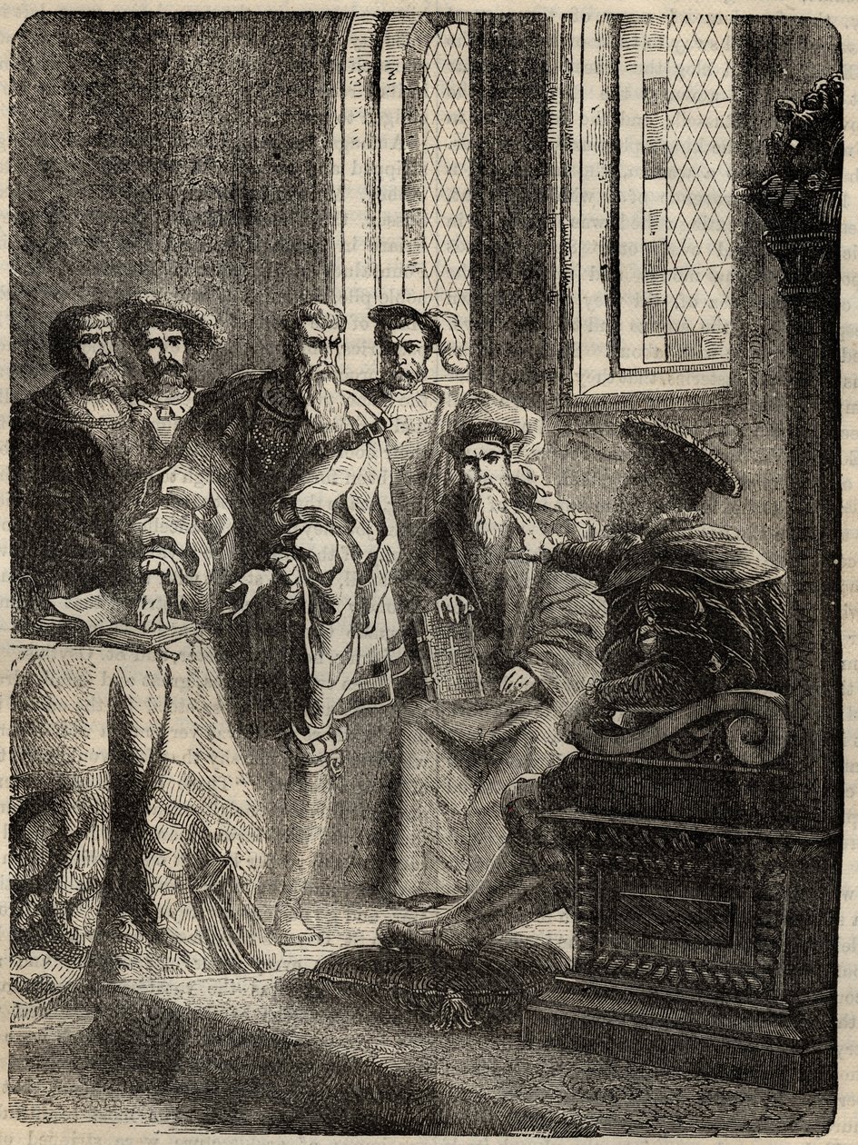 Henrik VIII. och hans råd som förordnar översättningen av Bibeln till engelska - 1538 - gravyr från "" History of England"" av Cassell Petter & Galpin av English School