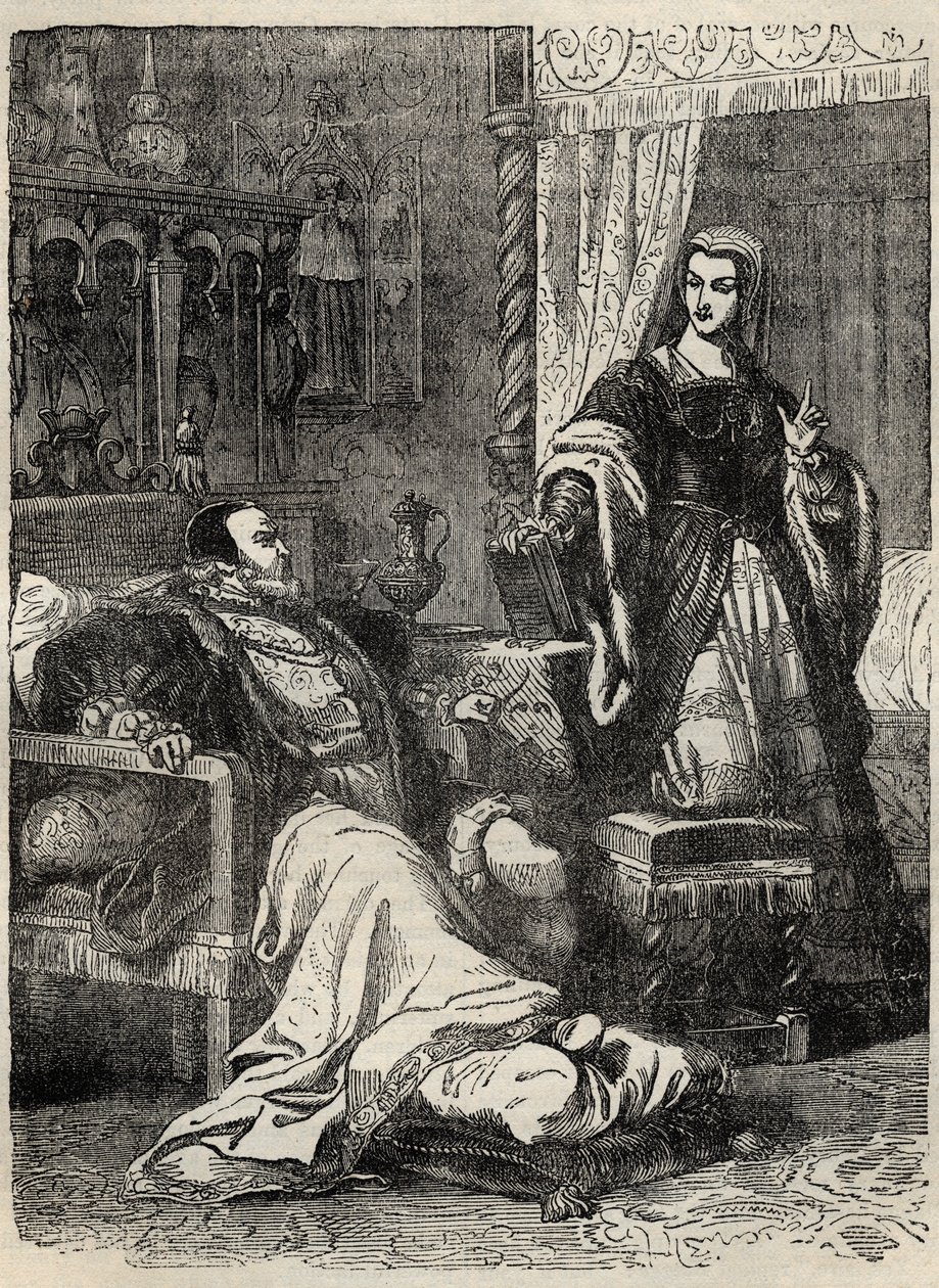 Henry VIII och drottningen Catherine Parr (1512-1548) - gravyr från "" History of England" av Cassell Petter & Galpin av English School