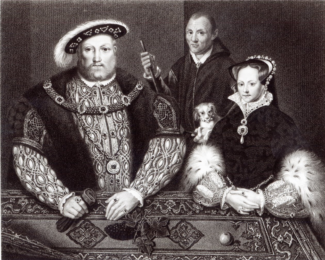 Henry VIII, hans dotter Queen Mary och Will Somers, efter en oljemålning från 1500-talet, målad postumt, 1821 av English School