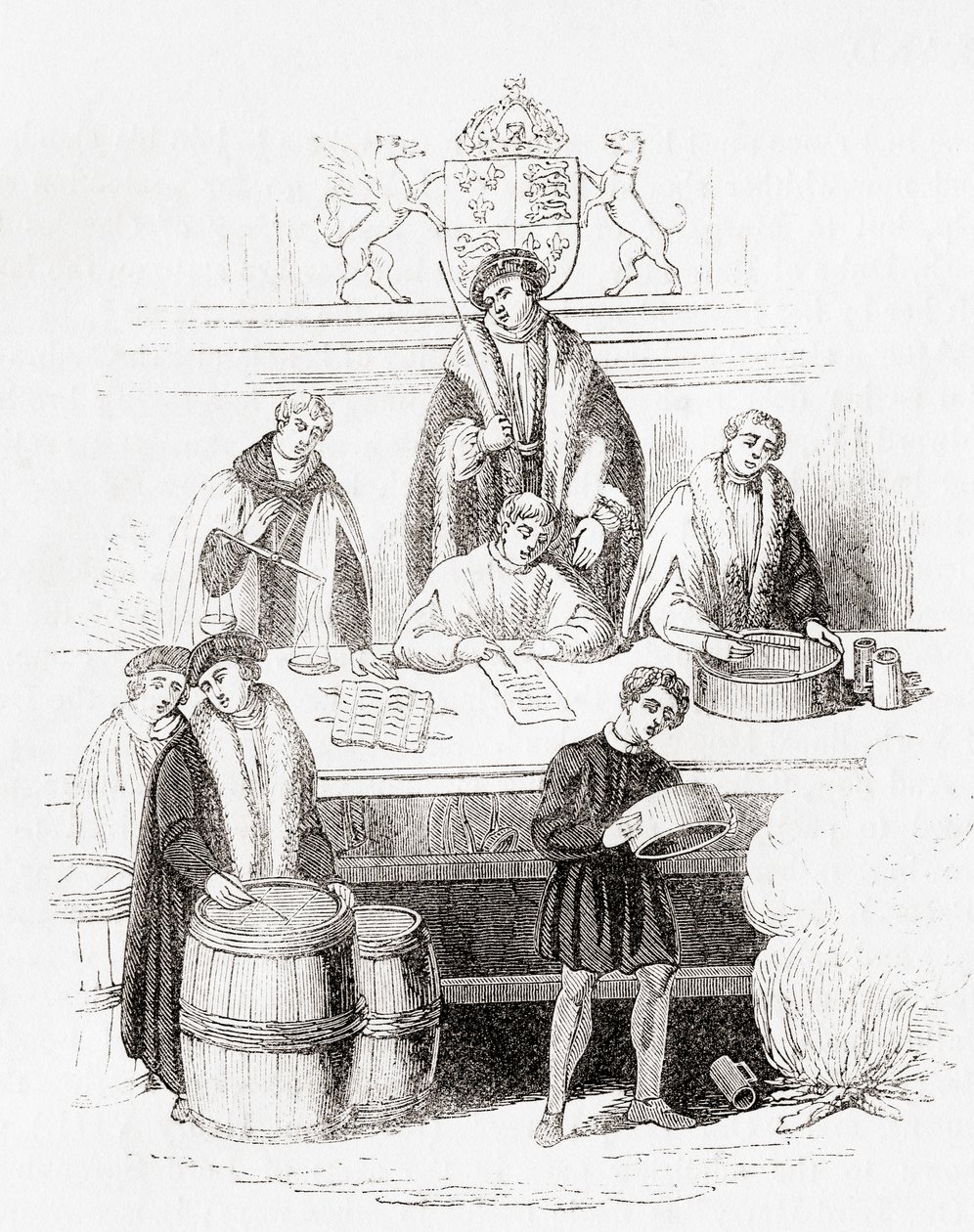 Henry VII:s rättegång med vikter och mått vid statskassan 1497, från Old England: A Pictorial Museum, pub. 1847 av English School