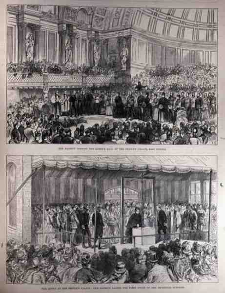 Hennes Majestät öppnar Queens Hall i Peoples Palace och lägger den första stenen till de tekniska skolorna, från The Illustrated London News, 21 maj 1887 av English School