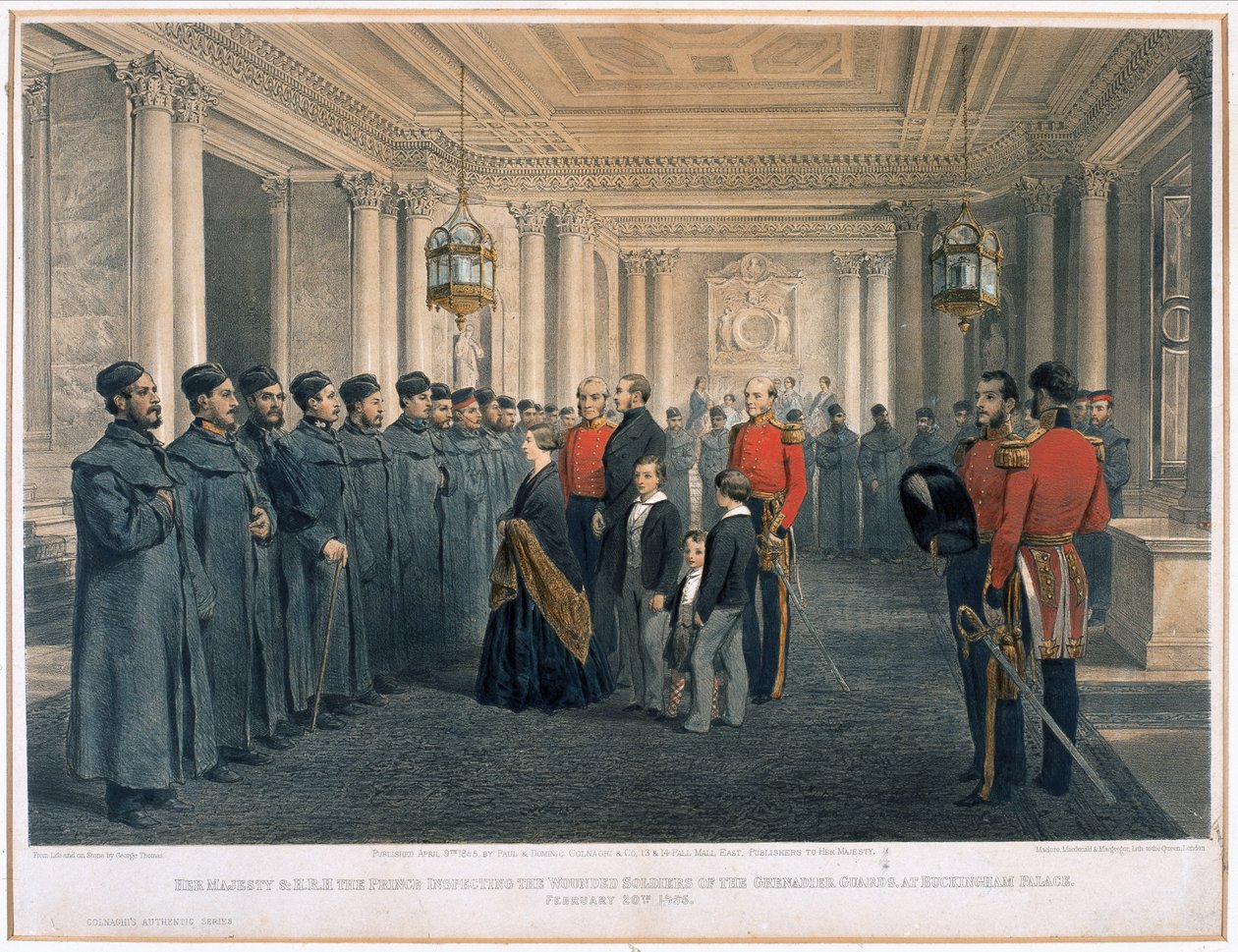 Hennes Majestät Drottning Victoria (1819-1901) och H.R.H Prins Albert (1819-61) inspekterade de sårade soldaterna från grenadjärgardet vid Buckingham Palace, 1855 av English School