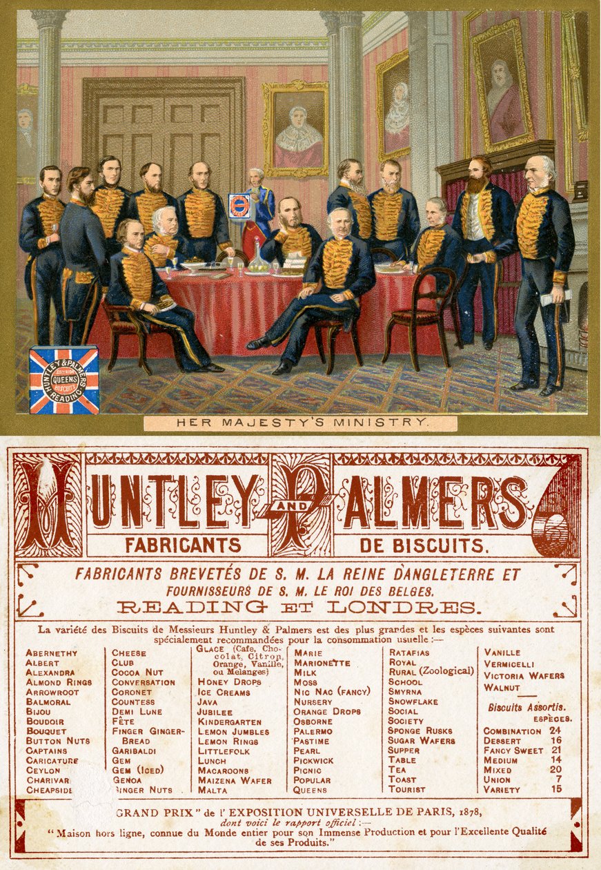 Hennes Majestäts departement, fram- och baksidan av ett reklamkort för Huntley & Palmers Biscuits, producerat för den franska marknaden ca 1890 av English School