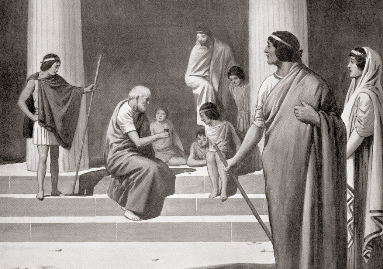 Heraclitus spelar på tärning med pojkar för att visa sitt förakt för de vanliga yrkena av män, från Hutchinson
