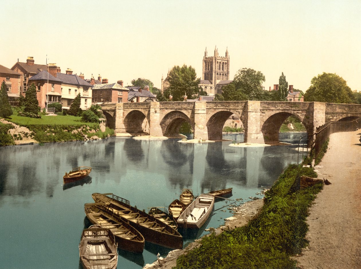 Hereford Cathedral och Wyl Bridge (handfärgat foto) av English School
