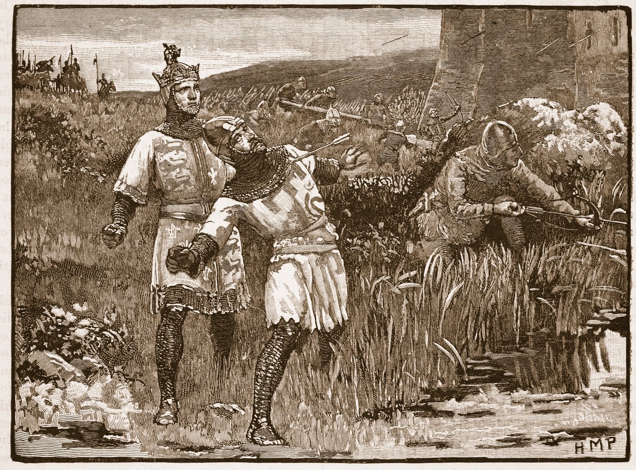 Heroism of St. Clair at the Siege of Bridgnorth Castle, illustration från Cassells Illustrated History of England (sepiafoto) av English School