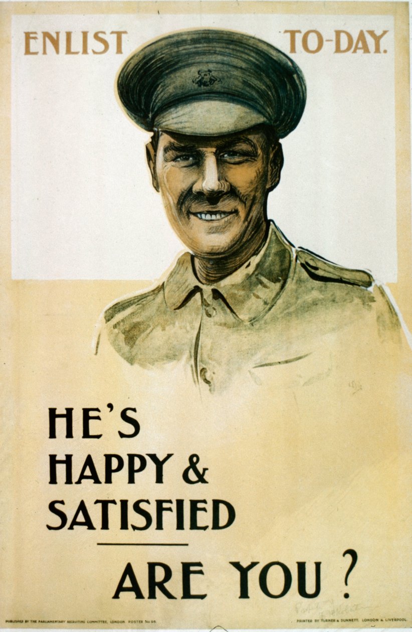Hes Happy & Satisfied - Are You?, brittisk rekryteringsaffisch från första världskriget, 1914-18 av English School
