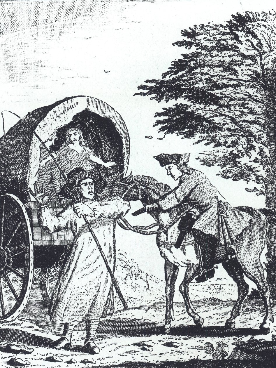 Highwayman John Cotington rånar en armélönevagn på Shotover Hill (gravyr) av English School