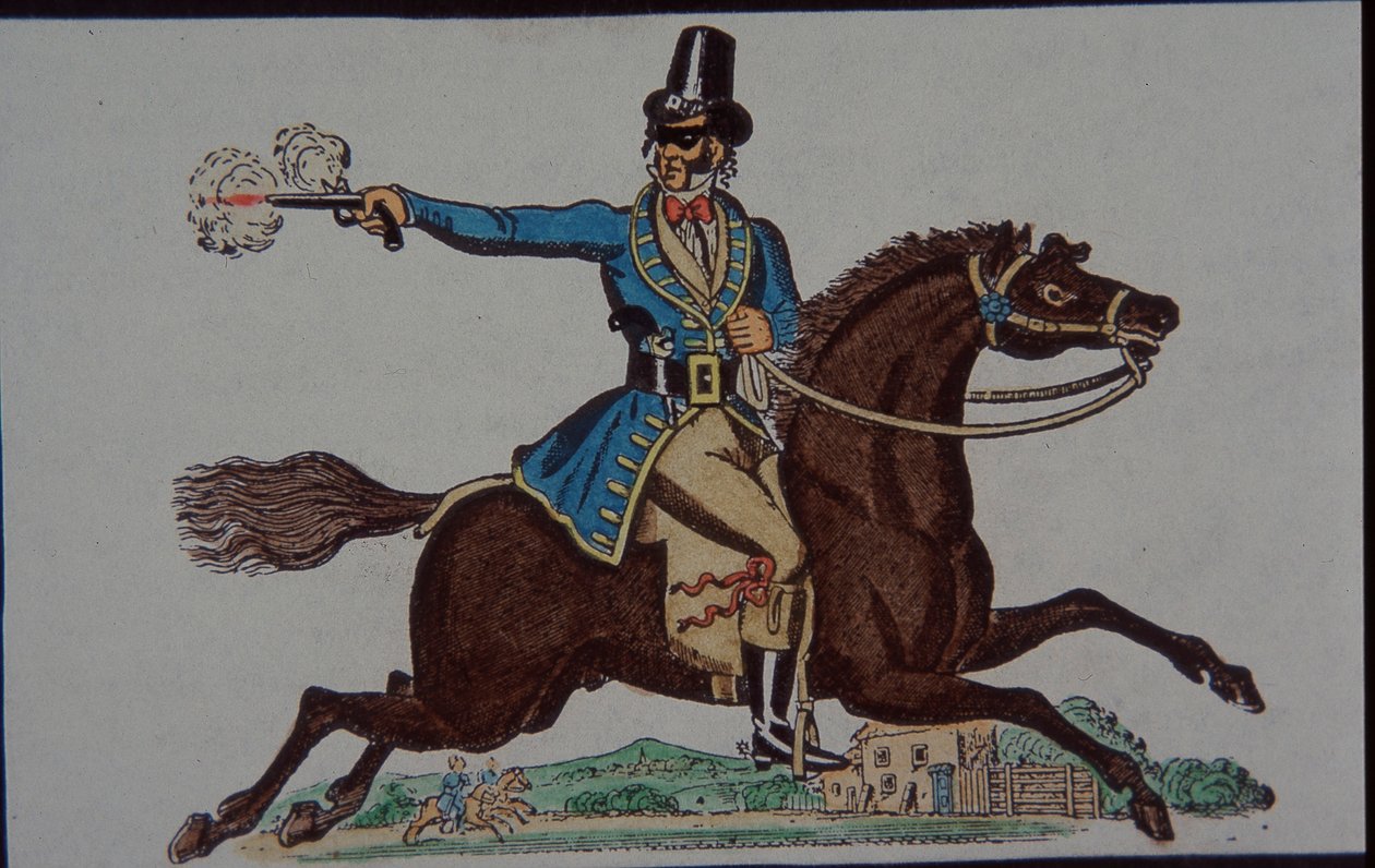 Highwayman-figur för viktoriansk barnleksaksteater (handfärgad gravyr) av English School