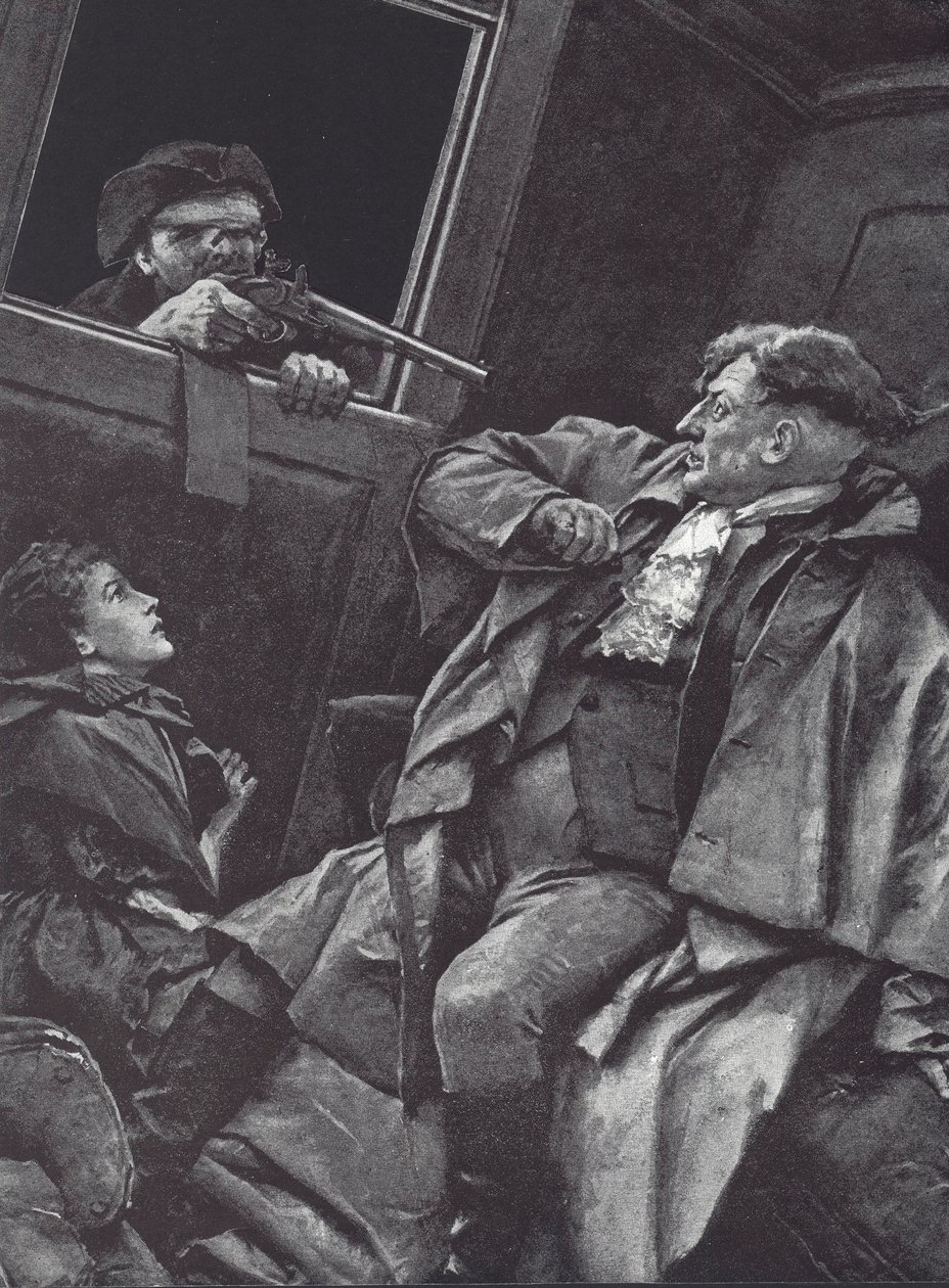Highwayman rånar en diligens (litho) av English School