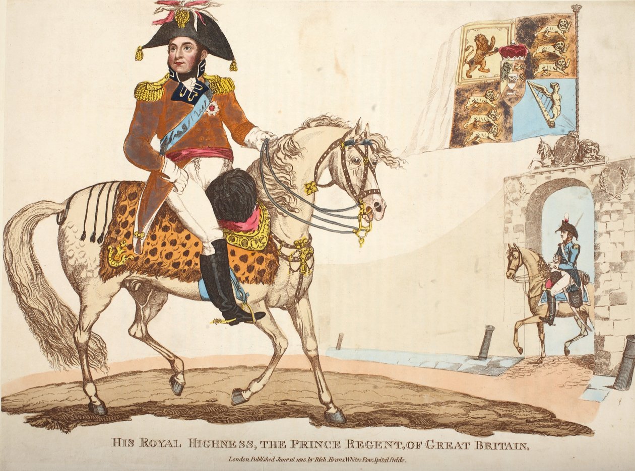 Hans kungliga höghet, The Prince Regent of Great Britain, pub. av Richard Evans, engr Romney, illustration från An Historical Account of the Battle of Waterloo av William Mudford, 1816 (färgad gravyr av English School